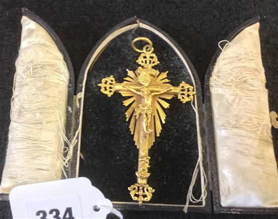 Decorative gilt-metal crucifix, in folding case, L 4in